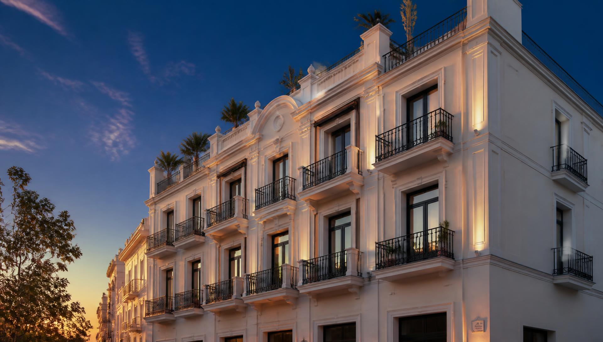 Fachada de un edificio residencial al atardecer